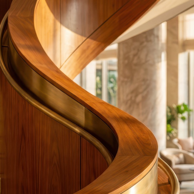 Scala elicoidale in legno e ottone in un hotel di lusso