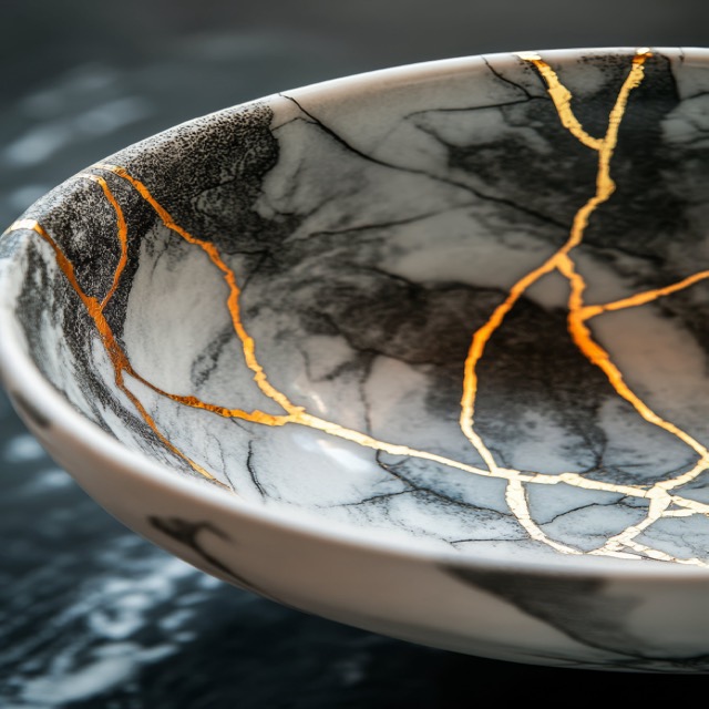 Ciotola in ceramica con decorazioni dorate in stile kintsugi